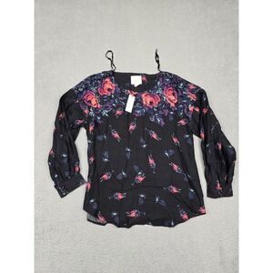 Maeve Anthropologie Shirt‎ Womens Medium Black Floral Linen Blend Boho Peasant